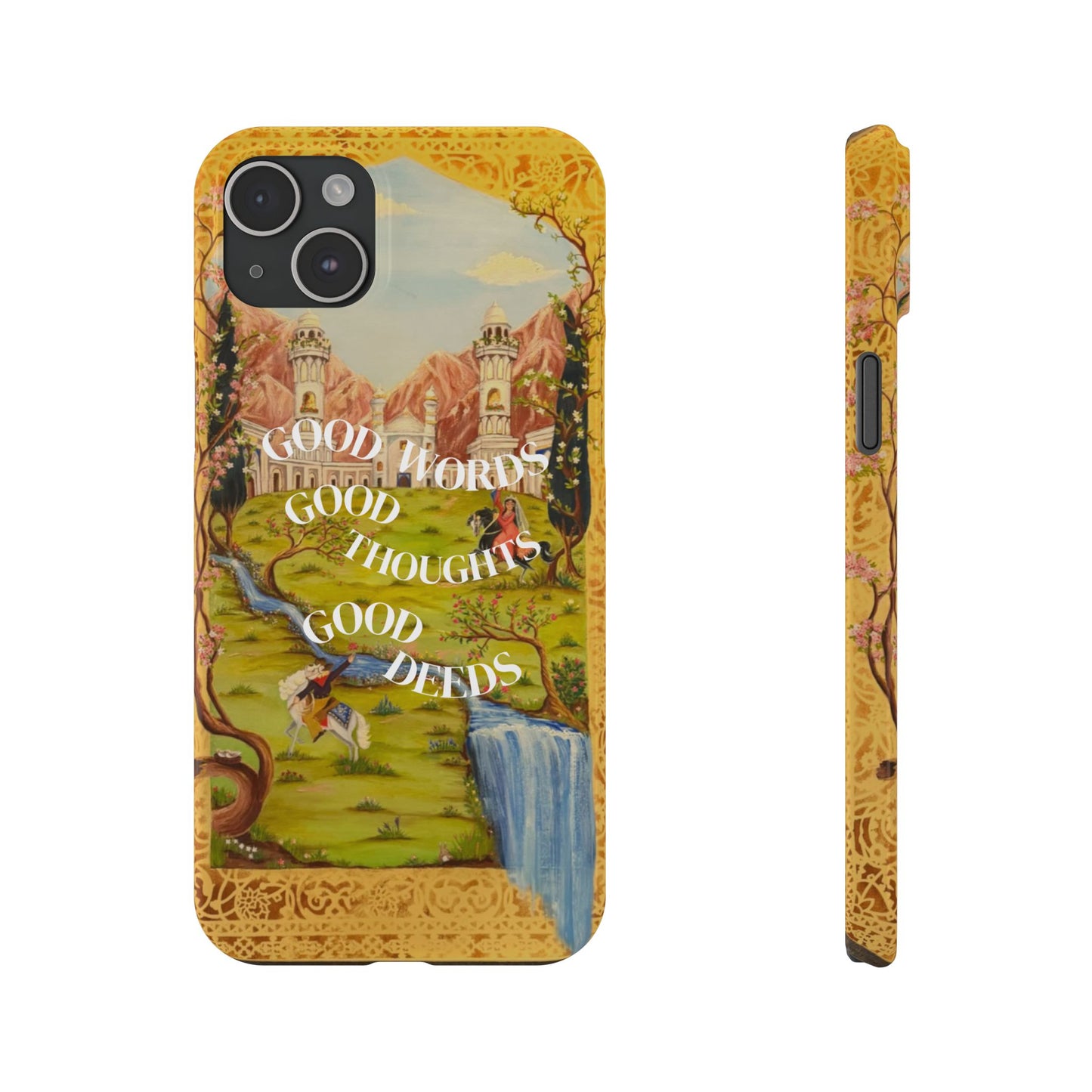 Slim Phone Case — Vintage Nature Scene with "Good Words, Good Thoughts, Good Deeds"