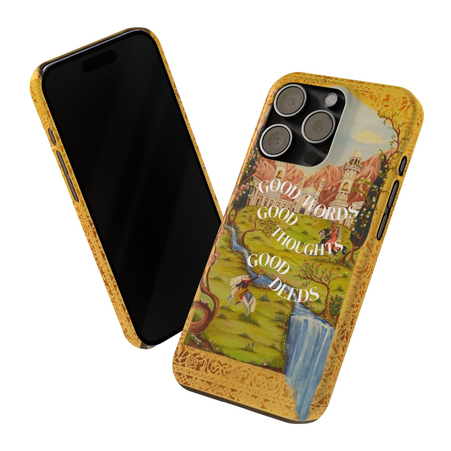 Slim Phone Case — Vintage Nature Scene with "Good Words, Good Thoughts, Good Deeds"