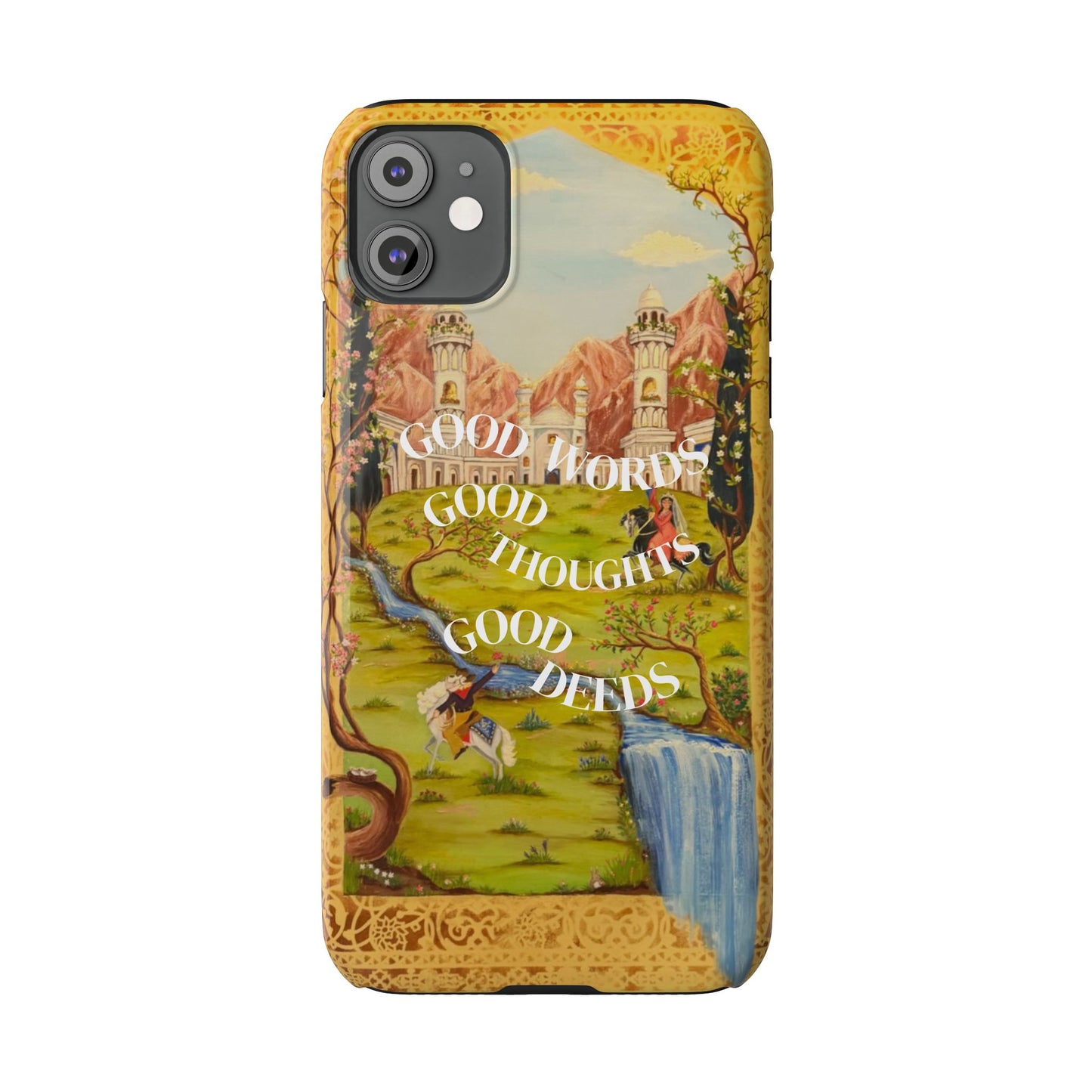 Slim Phone Case — Vintage Nature Scene with "Good Words, Good Thoughts, Good Deeds"