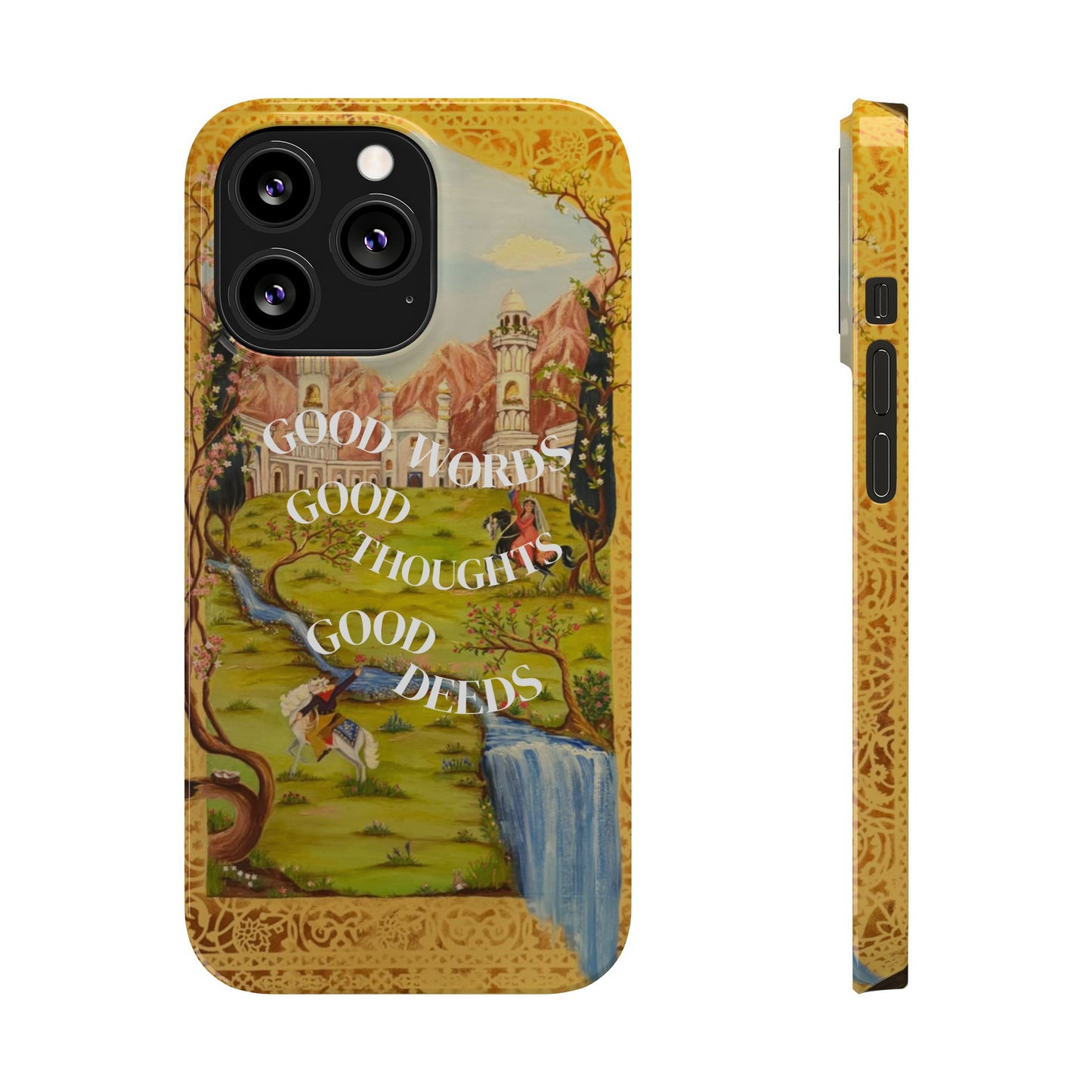Slim Phone Case — Vintage Nature Scene with "Good Words, Good Thoughts, Good Deeds"