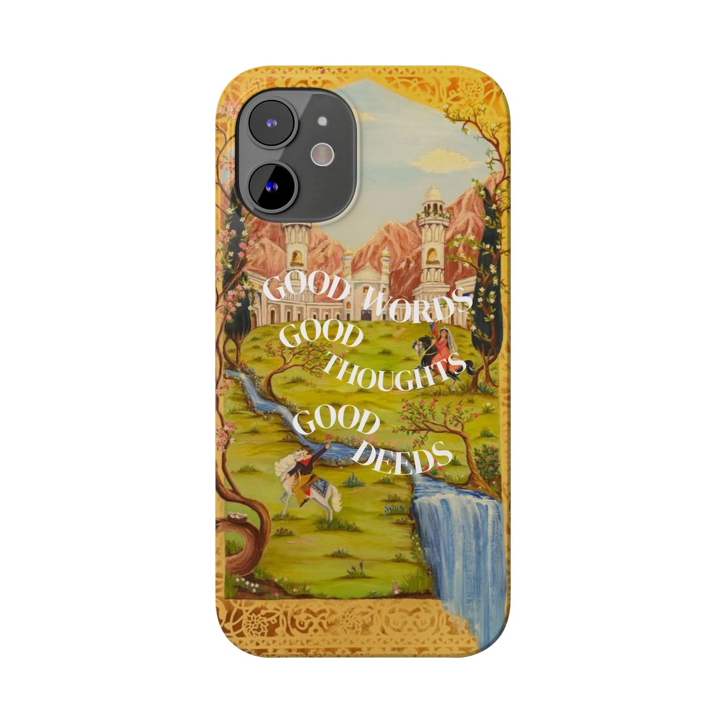 Slim Phone Case — Vintage Nature Scene with "Good Words, Good Thoughts, Good Deeds"