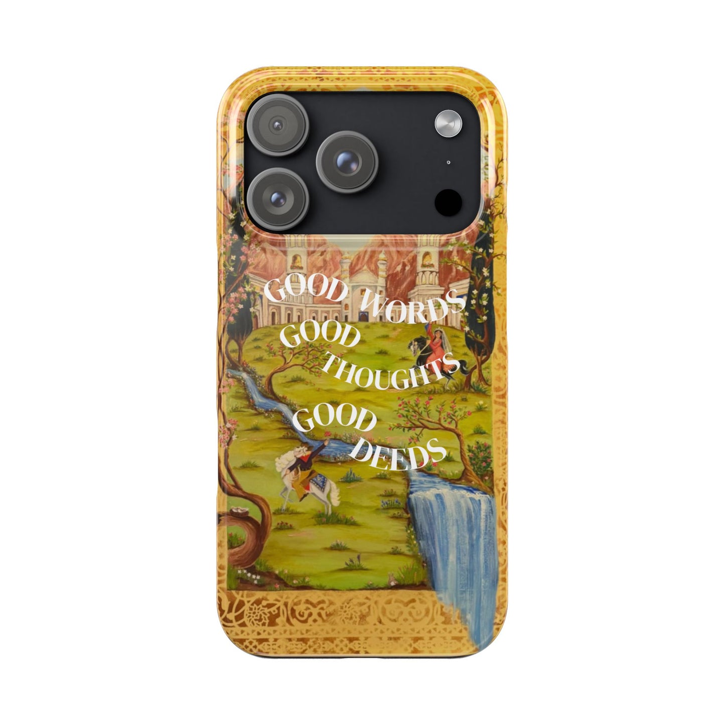 Slim Phone Case — Vintage Nature Scene with "Good Words, Good Thoughts, Good Deeds"