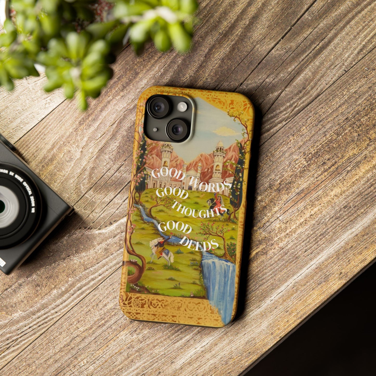Slim Phone Case — Vintage Nature Scene with "Good Words, Good Thoughts, Good Deeds"
