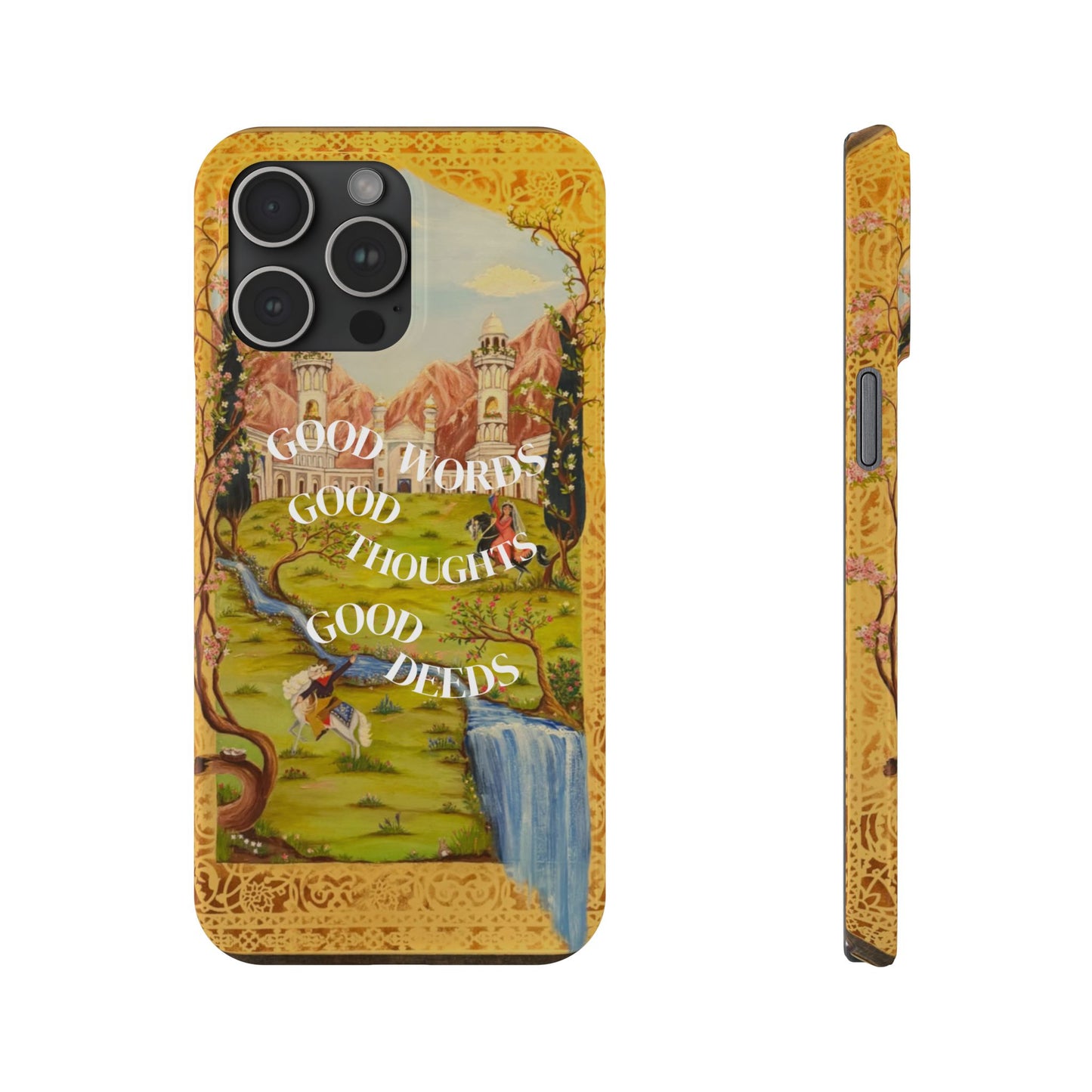 Slim Phone Case — Vintage Nature Scene with "Good Words, Good Thoughts, Good Deeds"