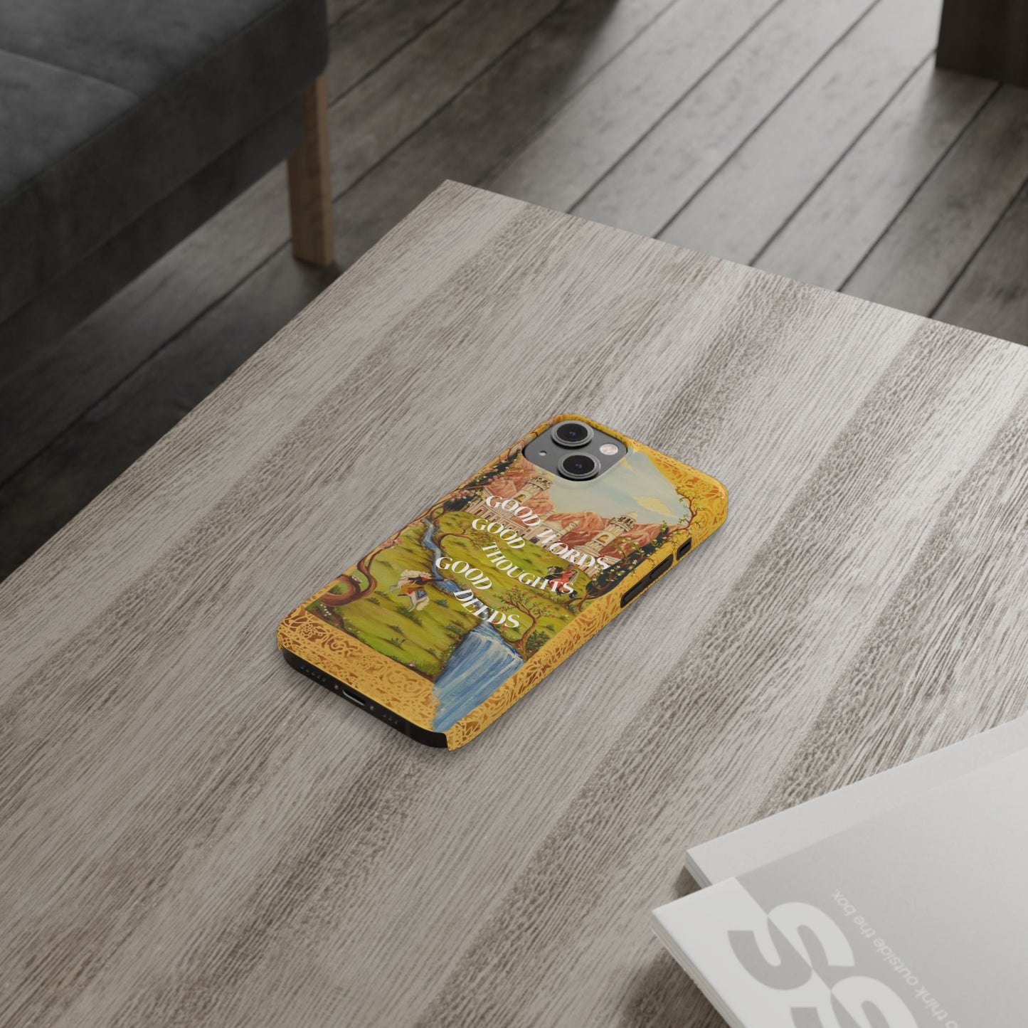 Slim Phone Case — Vintage Nature Scene with "Good Words, Good Thoughts, Good Deeds"