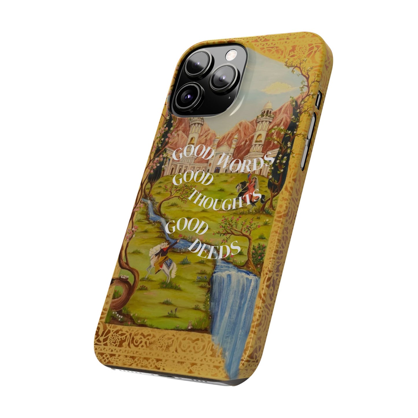 Slim Phone Case — Vintage Nature Scene with "Good Words, Good Thoughts, Good Deeds"