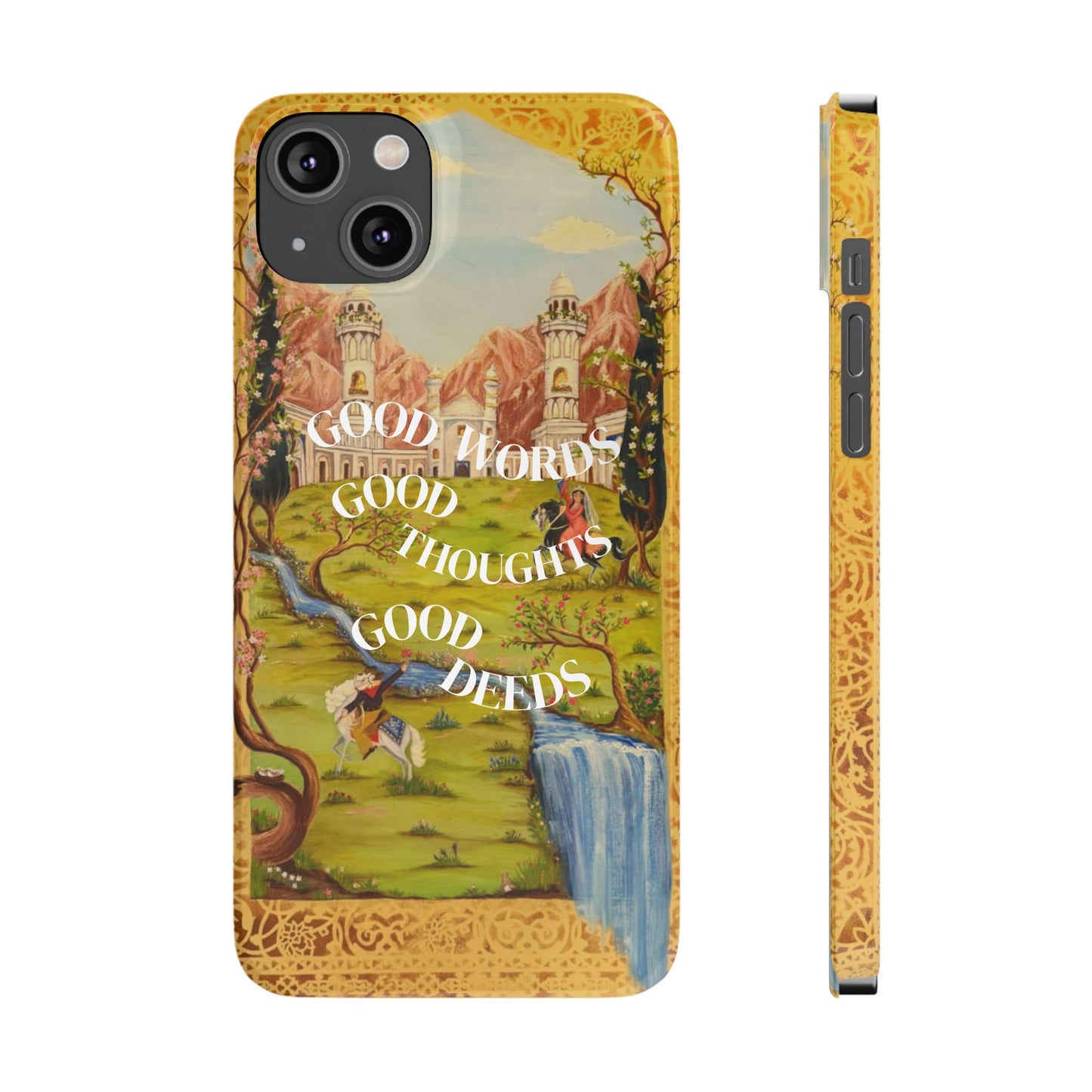 Slim Phone Case — Vintage Nature Scene with "Good Words, Good Thoughts, Good Deeds"