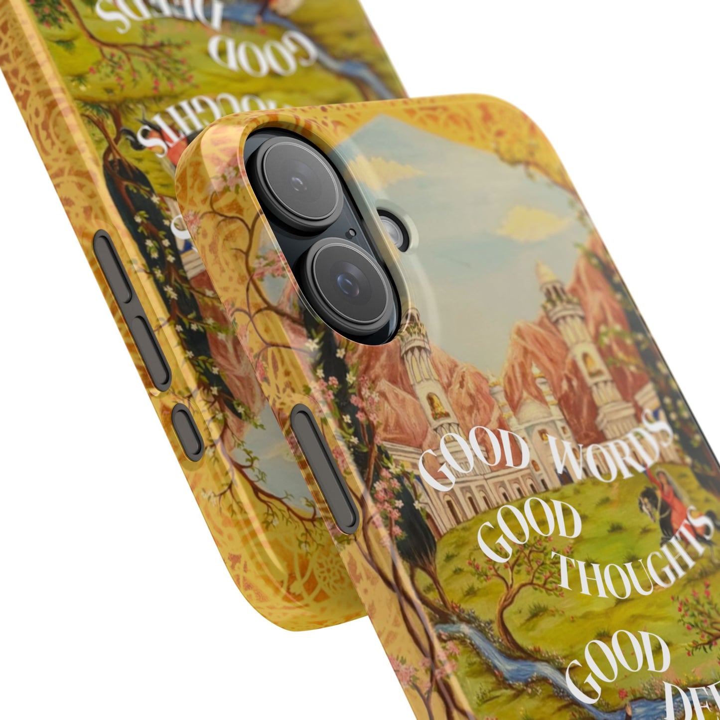 Slim Phone Case — Vintage Nature Scene with "Good Words, Good Thoughts, Good Deeds"