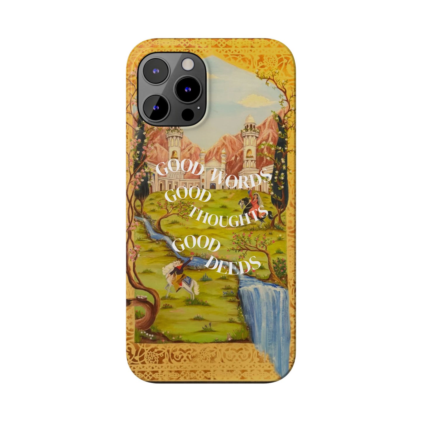 Slim Phone Case — Vintage Nature Scene with "Good Words, Good Thoughts, Good Deeds"