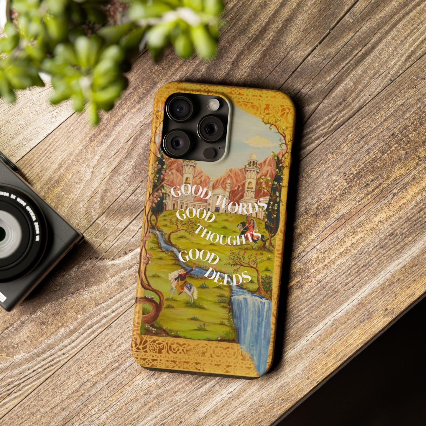 Slim Phone Case — Vintage Nature Scene with "Good Words, Good Thoughts, Good Deeds"