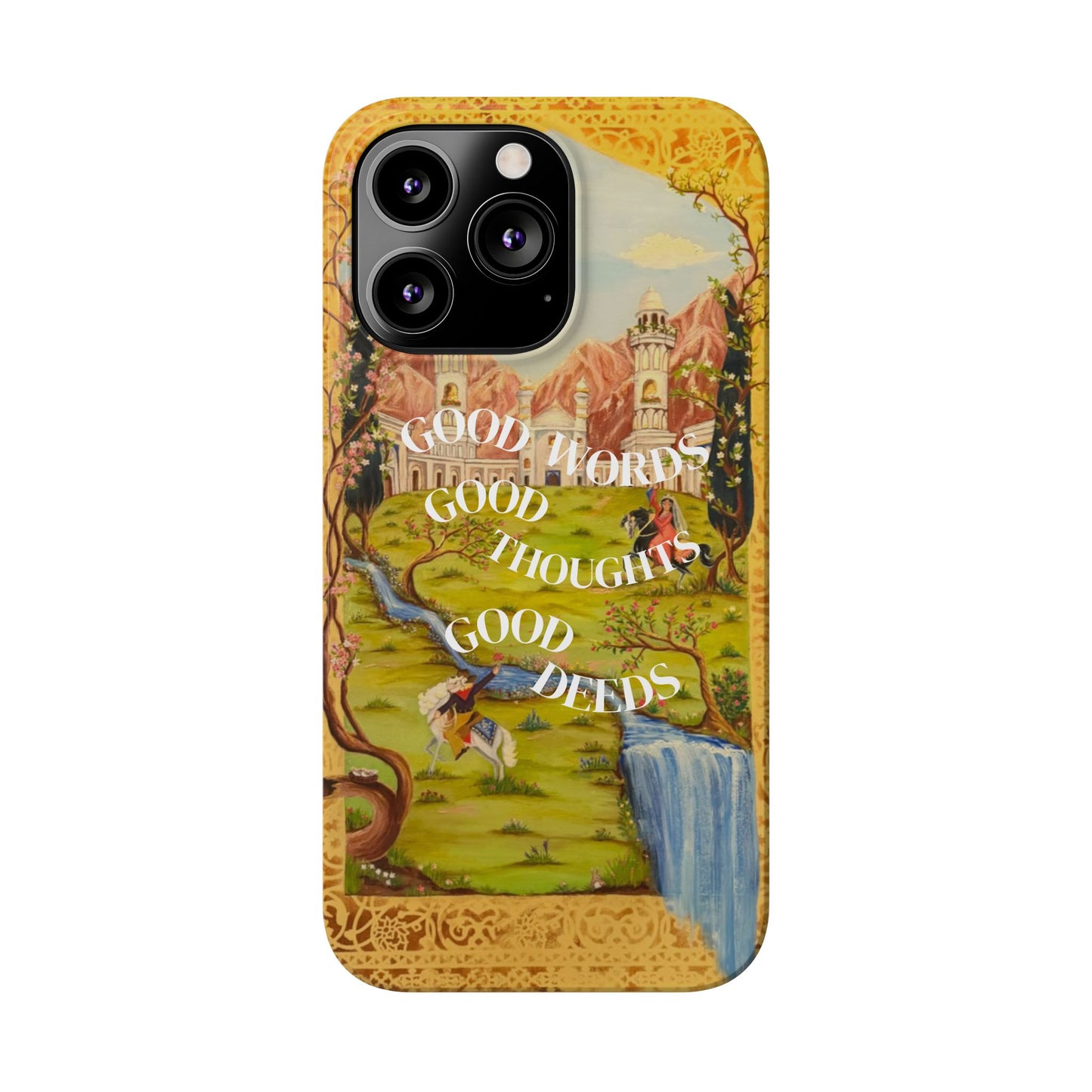 Slim Phone Case — Vintage Nature Scene with "Good Words, Good Thoughts, Good Deeds"