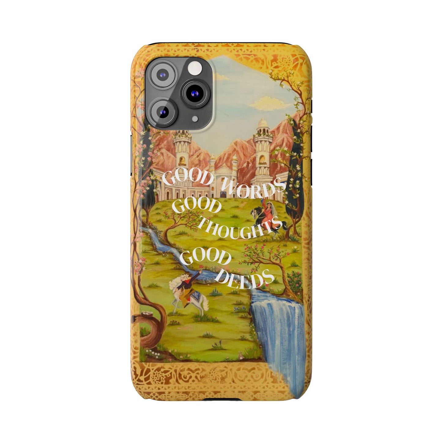Slim Phone Case — Vintage Nature Scene with "Good Words, Good Thoughts, Good Deeds"
