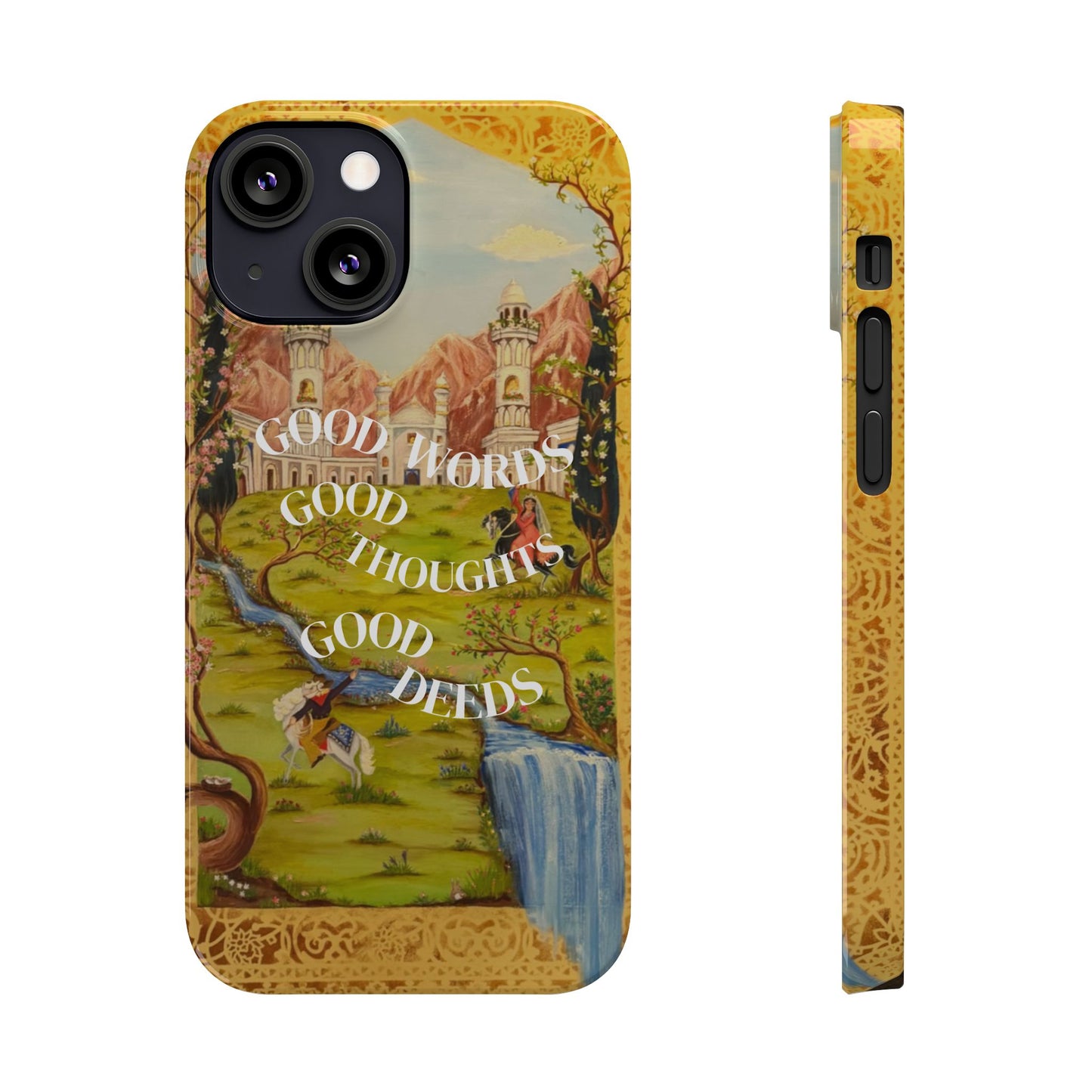 Slim Phone Case — Vintage Nature Scene with "Good Words, Good Thoughts, Good Deeds"