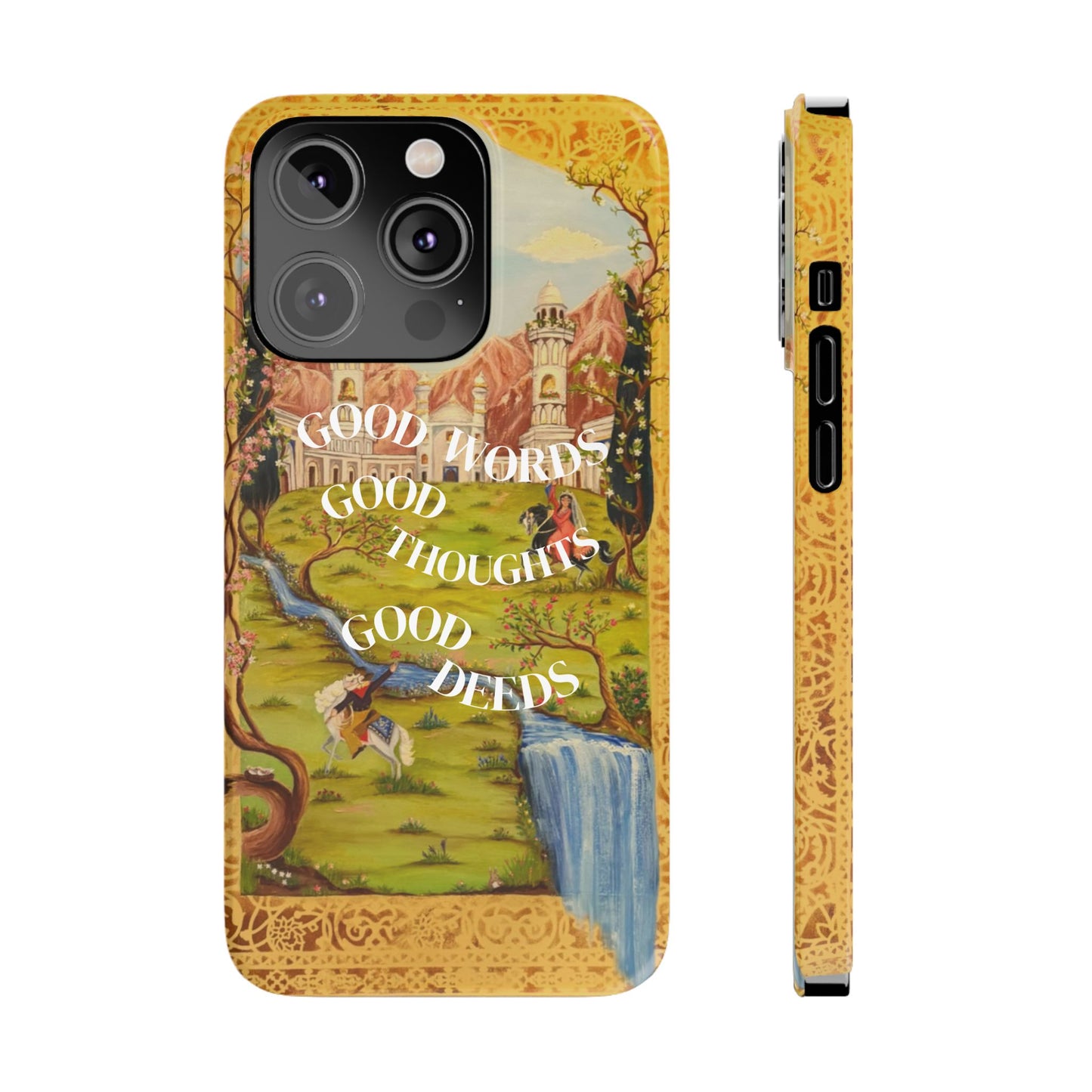 Slim Phone Case — Vintage Nature Scene with "Good Words, Good Thoughts, Good Deeds"