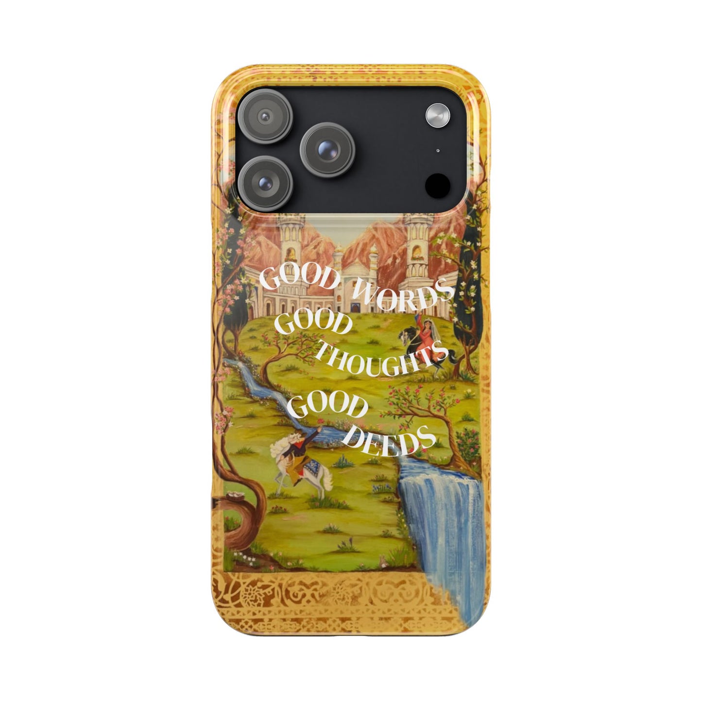 Slim Phone Case — Vintage Nature Scene with "Good Words, Good Thoughts, Good Deeds"