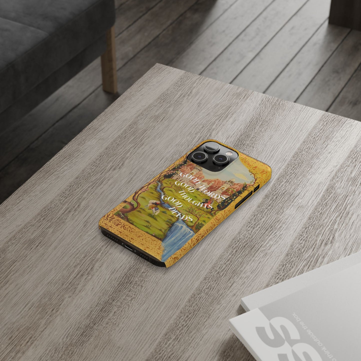 Slim Phone Case — Vintage Nature Scene with "Good Words, Good Thoughts, Good Deeds"