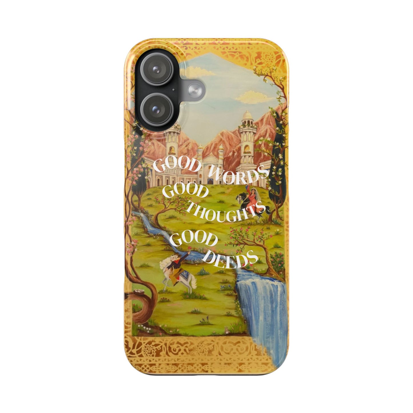 Slim Phone Case — Vintage Nature Scene with "Good Words, Good Thoughts, Good Deeds"