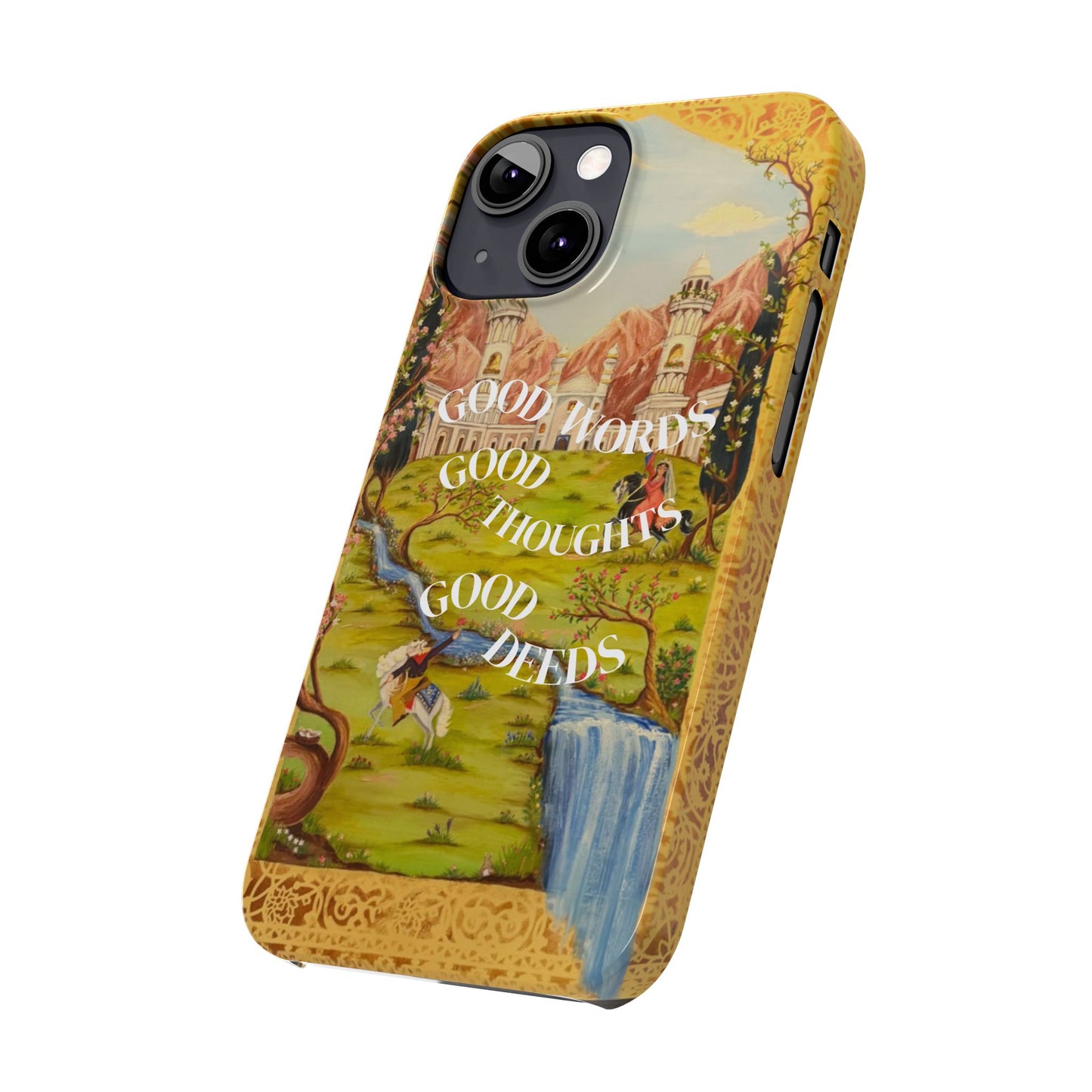 Slim Phone Case — Vintage Nature Scene with "Good Words, Good Thoughts, Good Deeds"