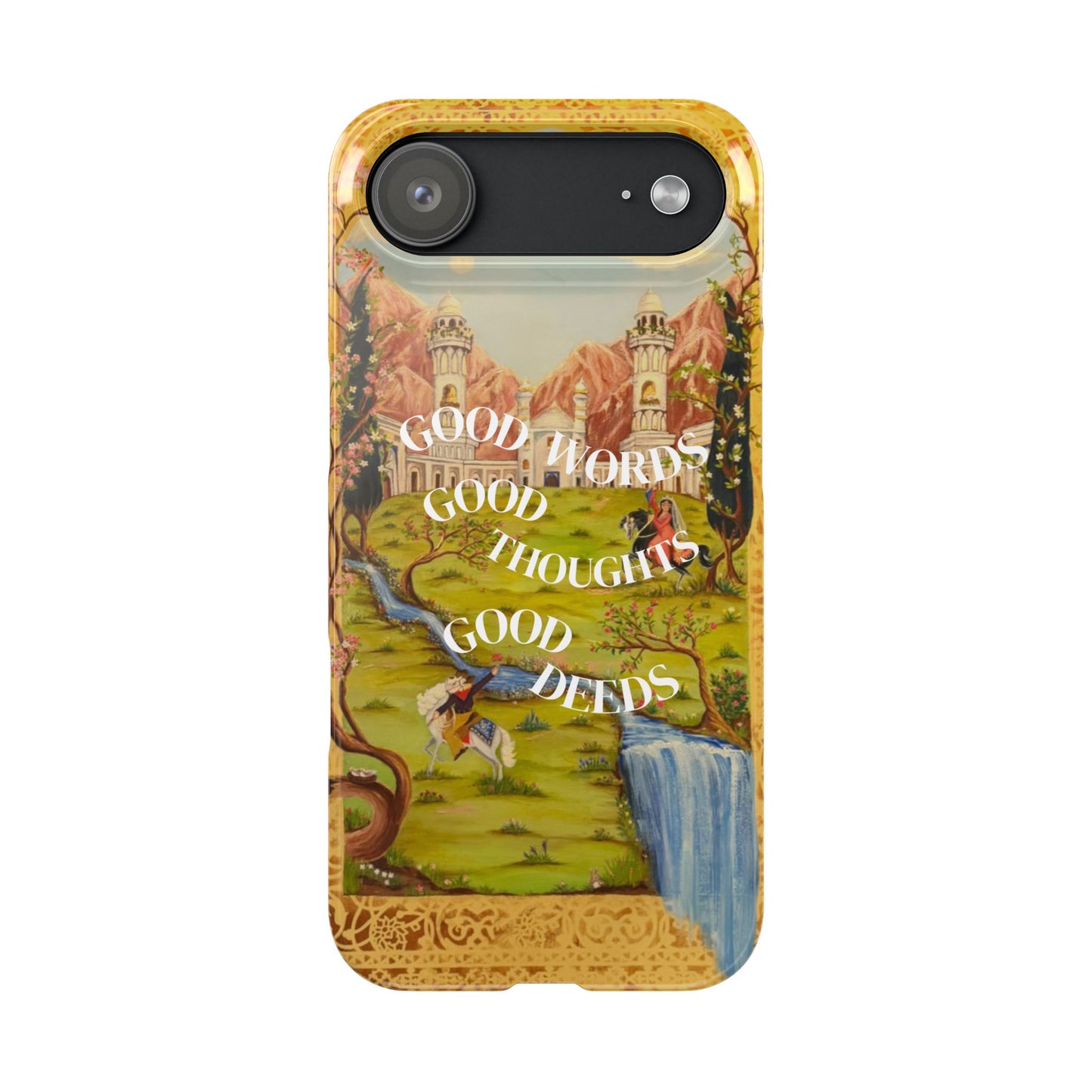 Slim Phone Case — Vintage Nature Scene with "Good Words, Good Thoughts, Good Deeds"