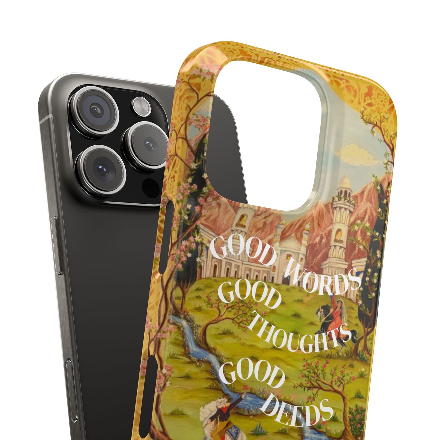 Slim Phone Case — Vintage Nature Scene with "Good Words, Good Thoughts, Good Deeds"