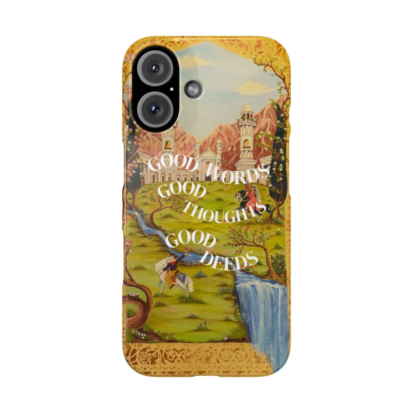 Slim Phone Case — Vintage Nature Scene with "Good Words, Good Thoughts, Good Deeds"