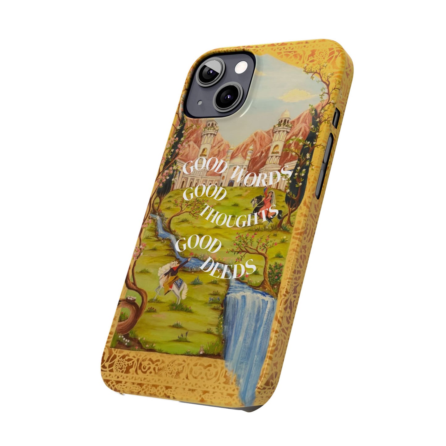 Slim Phone Case — Vintage Nature Scene with "Good Words, Good Thoughts, Good Deeds"