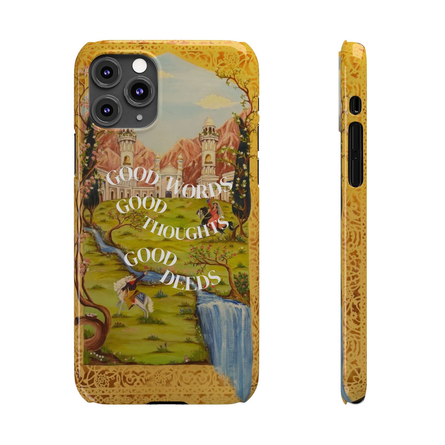 Slim Phone Case — Vintage Nature Scene with "Good Words, Good Thoughts, Good Deeds"