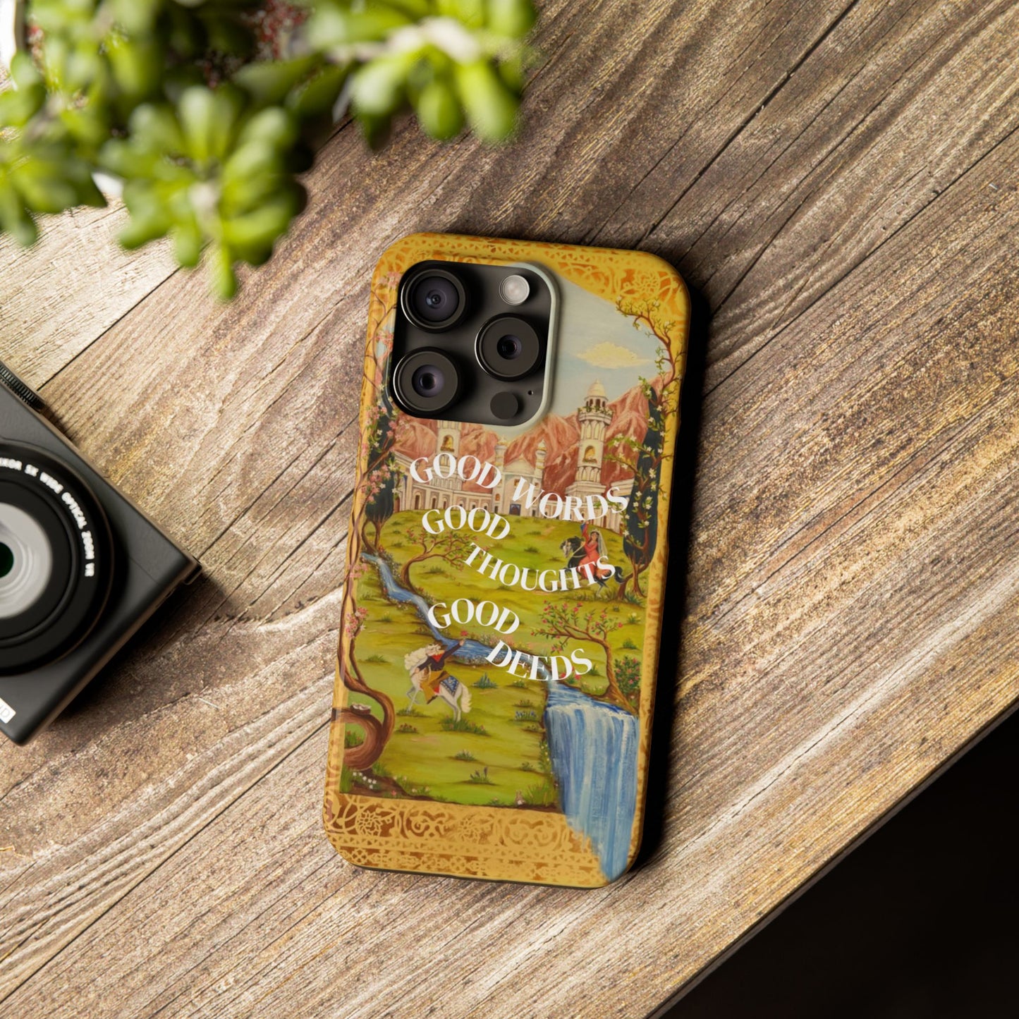 Slim Phone Case — Vintage Nature Scene with "Good Words, Good Thoughts, Good Deeds"