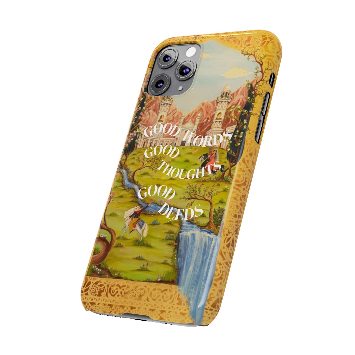 Slim Phone Case — Vintage Nature Scene with "Good Words, Good Thoughts, Good Deeds"
